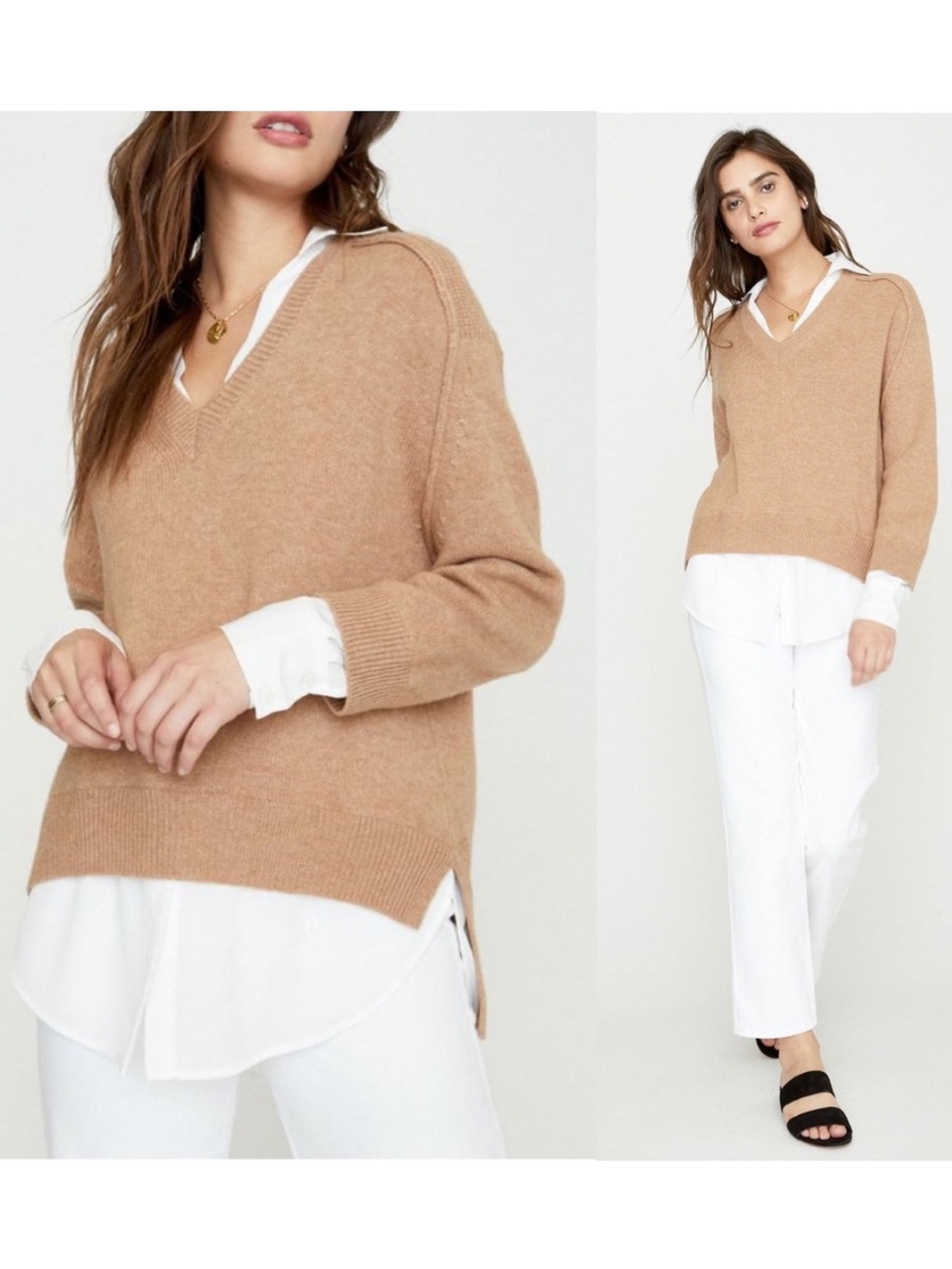 Brochu Walker The Looker Layered V Neck Wool Cashmere Camel Brown Sweater size S - Picture 16 of 16